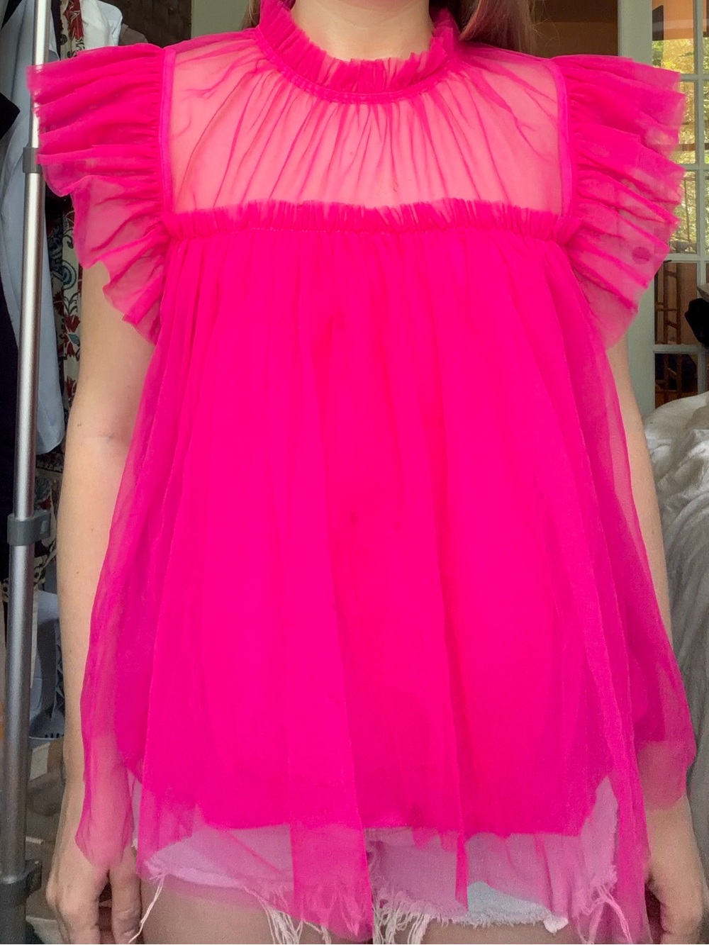Sheer Ruffle Flutter Sleeve Top - Hot Pink